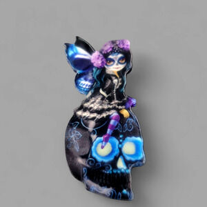 Gothic Fairy Sugar Skull Resin Brooch Jewerley Pin Women Day of the Dead Blue